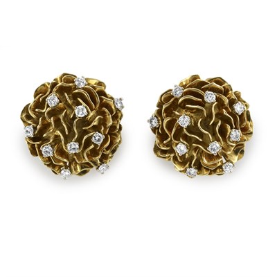Lot 367 - Pair of Gold and Diamond Flower Earclips, Spritzer & Fuhrmann