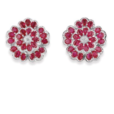 Lot 225 - Pair of Ruby and Diamond Flower Earclips