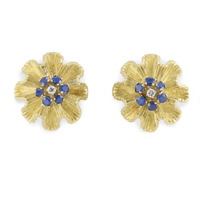 Lot 40 - Pair of Gold, Sapphire and Diamond Flower Earclips