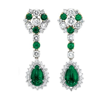 Lot 464 - Pair of Diamond and Cabochon Emerald Pendant-Earclips