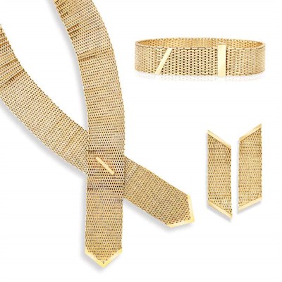 Lot 236 - Gold Mesh Necklace, Slide Bracelet and Pair of Earclips