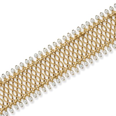 Lot 244 - Wide Gold and Cultured Pearl Bracelet