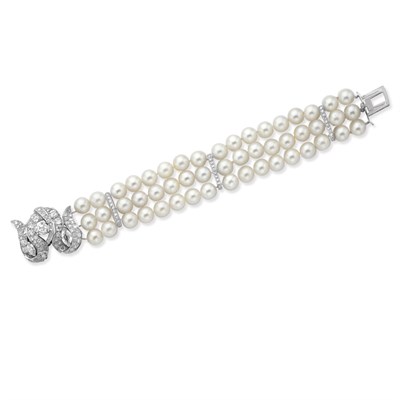 Lot 590 - Triple Strand Cultured Pearl and Diamond Bracelet with Diamond Clasp