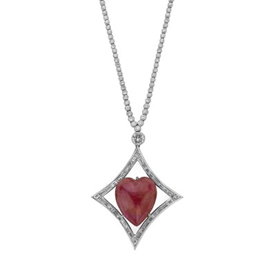 Lot 224 - White Gold, Platinum, Diamond and Cabochon Ruby Pendant-Necklace