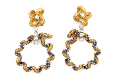 Lot 406 - Pair of Gold, Diamond and Sapphire Pendant-Earrings, Tiffany & Co.