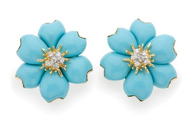 Lot 147 - Pair of Carved Turquoise and Diamond Flower Earclips
