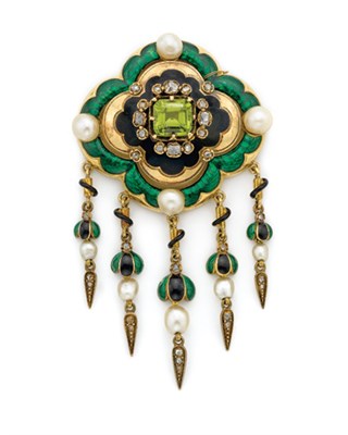 Lot 467 - Antique Gold, Peridot, Pearl, Enamel and Diamond Brooch