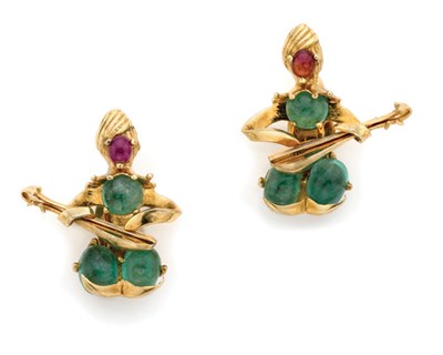 Lot 489 - Pair of Gold, Cabochon Emerald and Ruby Earclips