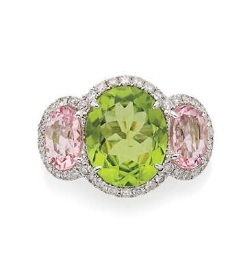 Lot 227 - Peridot, Pink Tourmaline and Diamond Ring