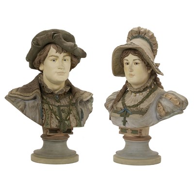 Lot 1327 - Pair of Continental Painted Ceramic Busts Of a...