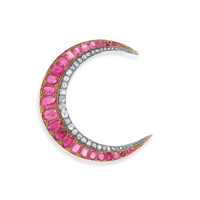 Lot 405 - Antique Pink Sapphire and Diamond Crescent Brooch