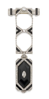 Lot 541 - Art Deco Black Onyx and Diamond Lapel-Watch, Greenleaf & Crosby