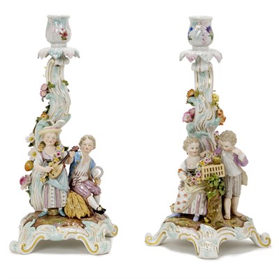 Lot 1348 - Pair of Meissen Porcelain Candlesticks One...