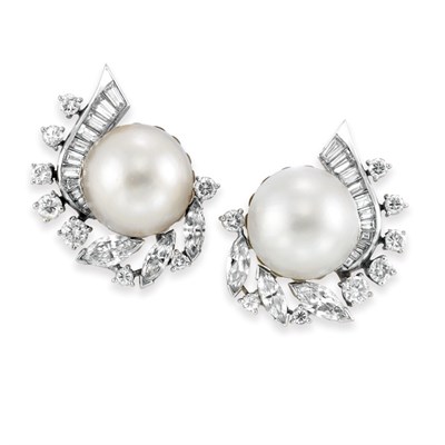 Lot 548 - Pair of Mabe Pearl and Diamond Earclips