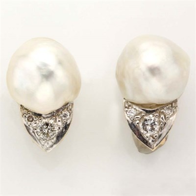 Lot 270 - Pair of Gold, Baroque Cultured Pearl and Diamond Earclips