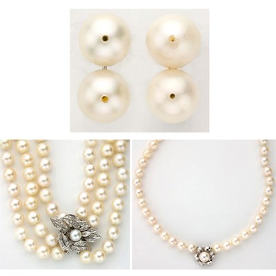 Lot 276 - Two Cultured Pearl Necklaces and Pair of Cultured Pearl Earclips
