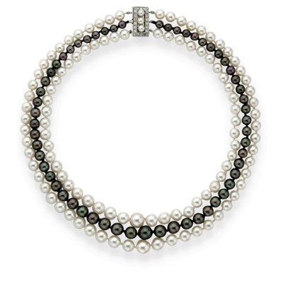 Lot 286 - Triple Strand Cultured Pearl and Dyed Black Cultured Pearl Necklace