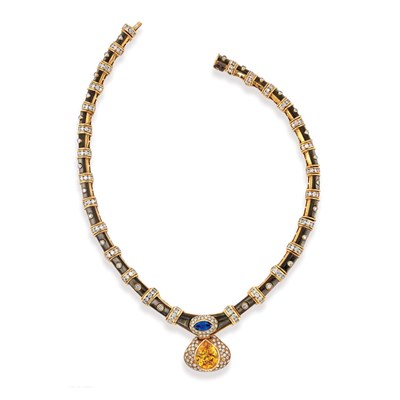 Lot 444 - Gold, Mother-of-Pearl, Diamond, Sapphire and Yellow Sapphire Pendant-Necklace