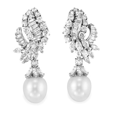Lot 610 - Pair of Diamond and Cultured Pearl Pendant-Earrings