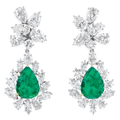 Lot 612 - Pair of Diamond and Emerald Pendant-Earrings