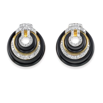 Lot 330 - Pair of Gold, Black Onyx and Diamond Earrings