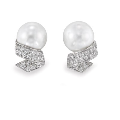 Lot 611 - Pair of Cultured Pearl and Diamond Earclips