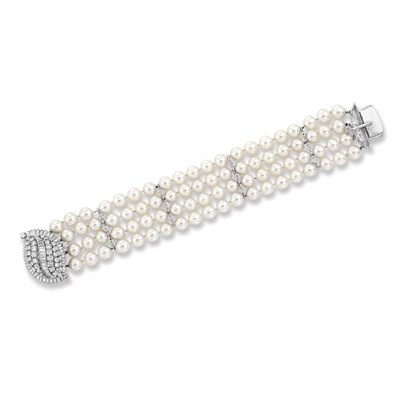 Lot 602 - Four Strand Cultured Pearl Bracelet with Diamond Clasp