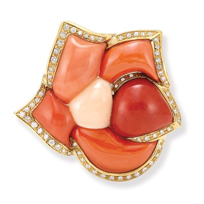 Lot 258 - Gold, Tricolor Coral and Diamond Flower Clip-Brooch