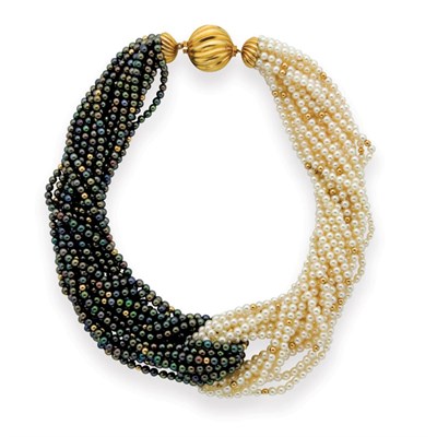 Lot 182 - Sixteen Strand Treated Black Cultured Pearl, Cultured Pearl and Gold Bead Torsade Necklace