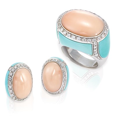 Lot 255 - White Gold, Turquoise, Angel Skin Coral and Diamond Ring and Pair of Earclips