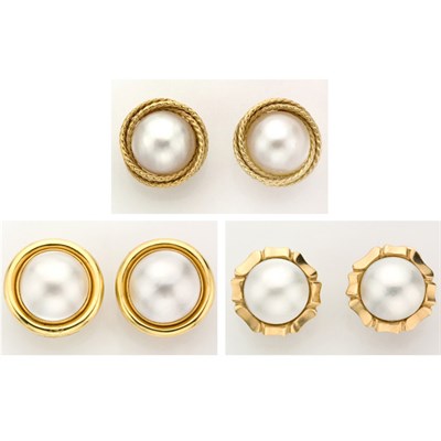 Lot 278 - Three Pairs of Gold and Mabe Pearl Earclips