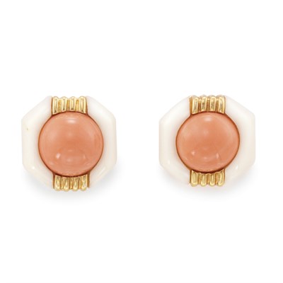 Lot 257 - Pair of Gold, Coral and White Coral Earrings