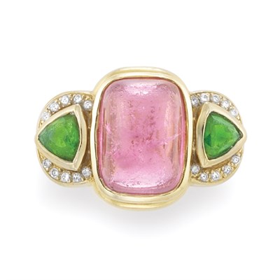 Lot 154 - Gold, Cabochon Pink Tourmaline, Diopside and Diamond Ring