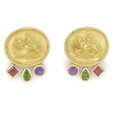 Lot 153 - Pair of Gold and Gem-Set Earrings