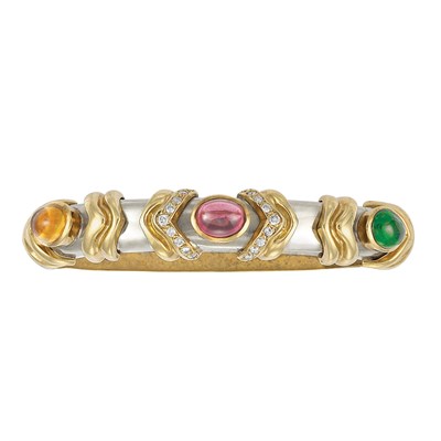 Lot 159 - Two-Color Gold, Cabochon Colored Stone and Diamond Bangle Bracelet