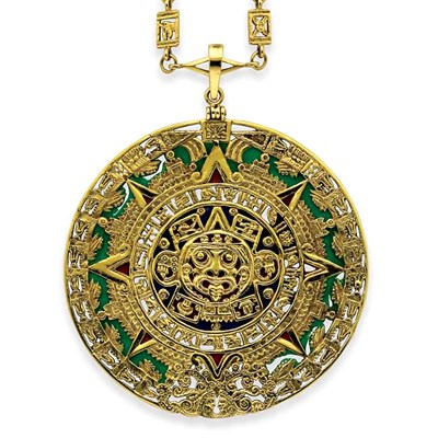 Lot 156 - Gold and Enamel Disc Pendant and Chain