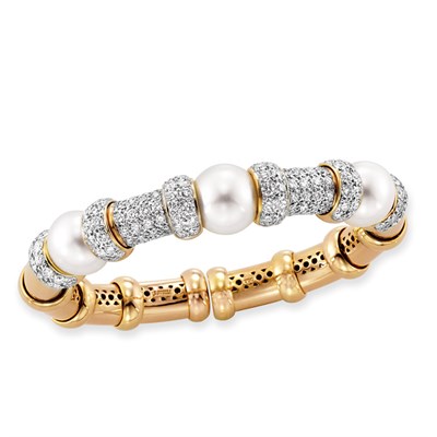 Lot 450 - Gold, Cultured Pearl and Diamond Bangle Bracelet, J. Stella