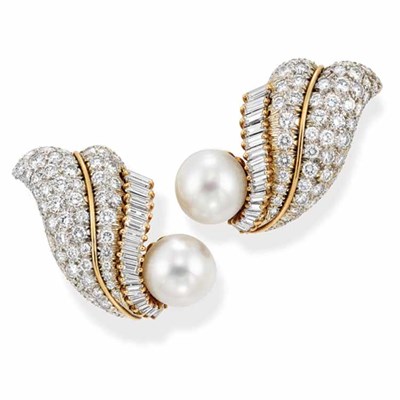 Lot 555 - Pair of Gold, Cultured Pearl and Diamond Earrings