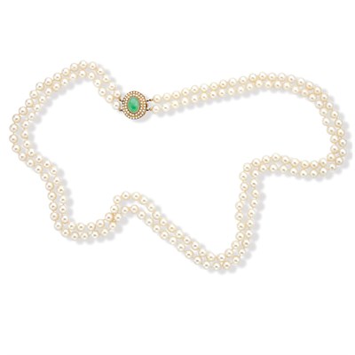 Lot 326 - Long Double Strand Cultured Pearl Necklace with Jade and Split Pearl Clasp