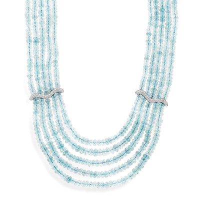 Lot 260 - Five Strand Faceted Colorless Beryl Bead and Diamond Necklace