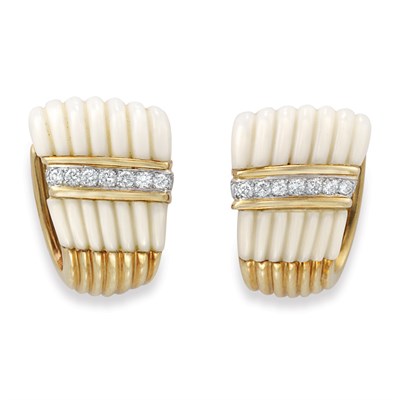 Lot 180 - Pair of Gold, Platinum, Fluted White Coral and Diamond Hoop Earclips