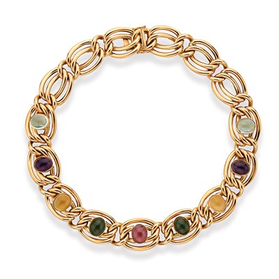 Lot 158 - Gold and Cabochon Colored Stone Necklace