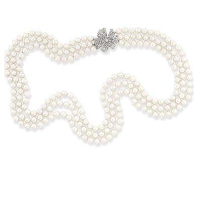 Lot 469 - Long Triple Strand Cultured Pearl Necklace with Diamond Flower Clasp
