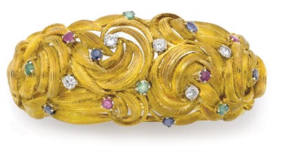 Lot 444 - Gold, Diamond, Ruby, Emerald and Sapphire Bangle