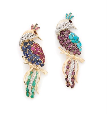 Lot 12 - Two Gold, Gem-Set and Diamond Bird Brooches
