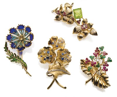 Lot 22 - Four Gold, Gem-Set and Diamond Flower Brooches