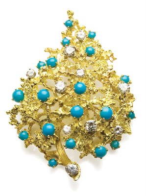 Lot 145 - Gold, Turquoise and Diamond Brooch