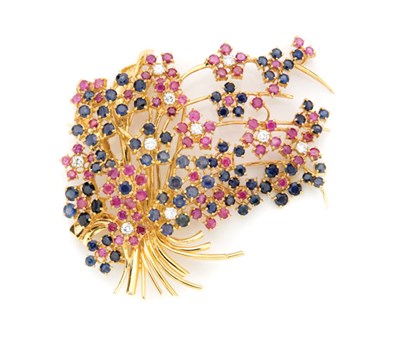 Lot 241 - Gold, Ruby, Sapphire and Diamond Flower Spray Clip-Brooch