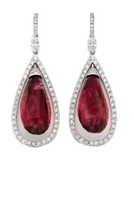 Lot 399 - Pair of Rubellite and Diamond Pendant-Earrings