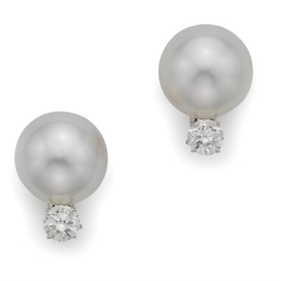 Lot 393 - Pair of Cultured Pearl and Diamond Earclips